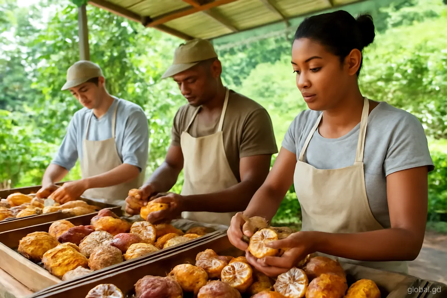 Workers sorting freshly split cocoa pods into wooden trays under a tin-roofed shed on a green hillside estate in St Patrick, close-up from shoulder height, dappled light