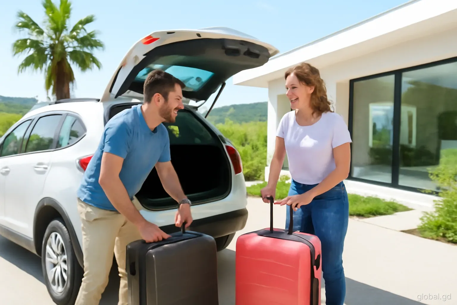 An American couple unloading suitcases from a hire car outside a hillside house in St David's, palm trees and green valley behind, three-quarter angle, bright afternoon light