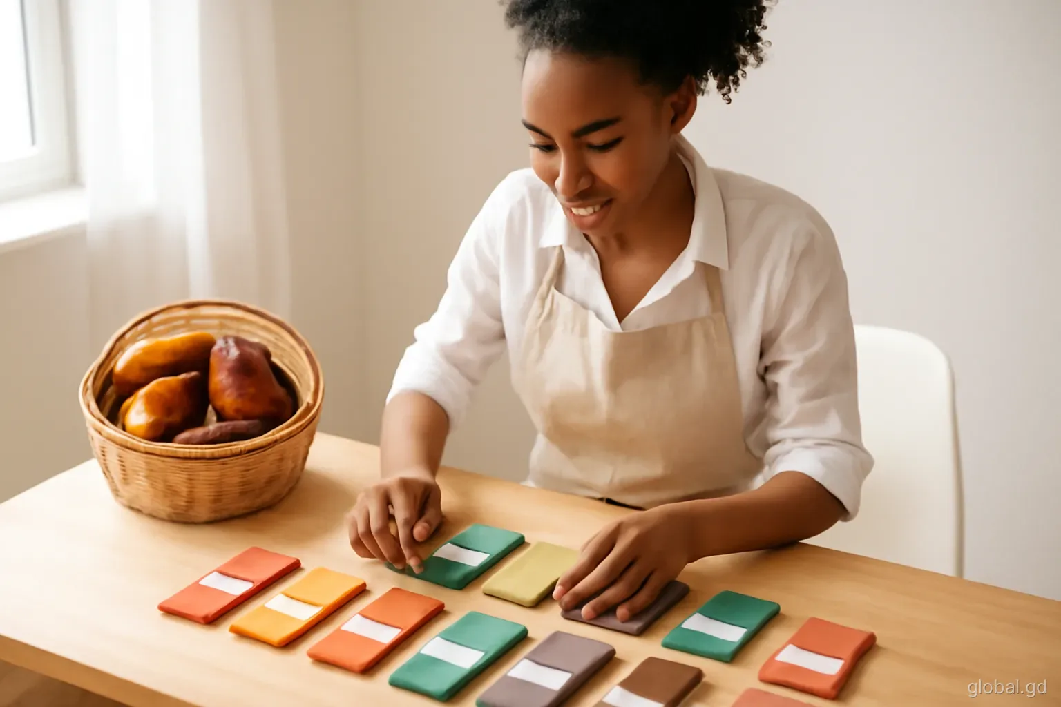 Young entrepreneur arranging fresh chocolate bars at a small workshop table in St Andrew's, cocoa pods in a basket nearby, overhead angle, warm natural light
