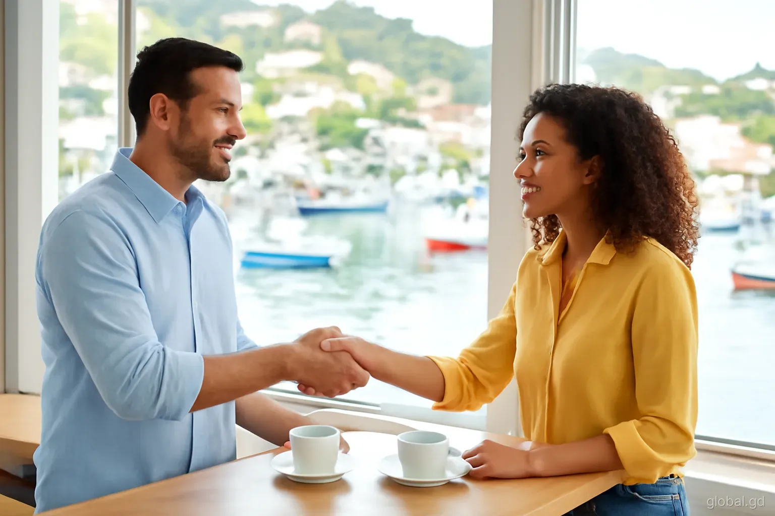 Buyer and seller shaking hands inside a bright waterfront café on the Carenage, coffee cups on a wooden counter, boats outside the window, medium shot, morning light