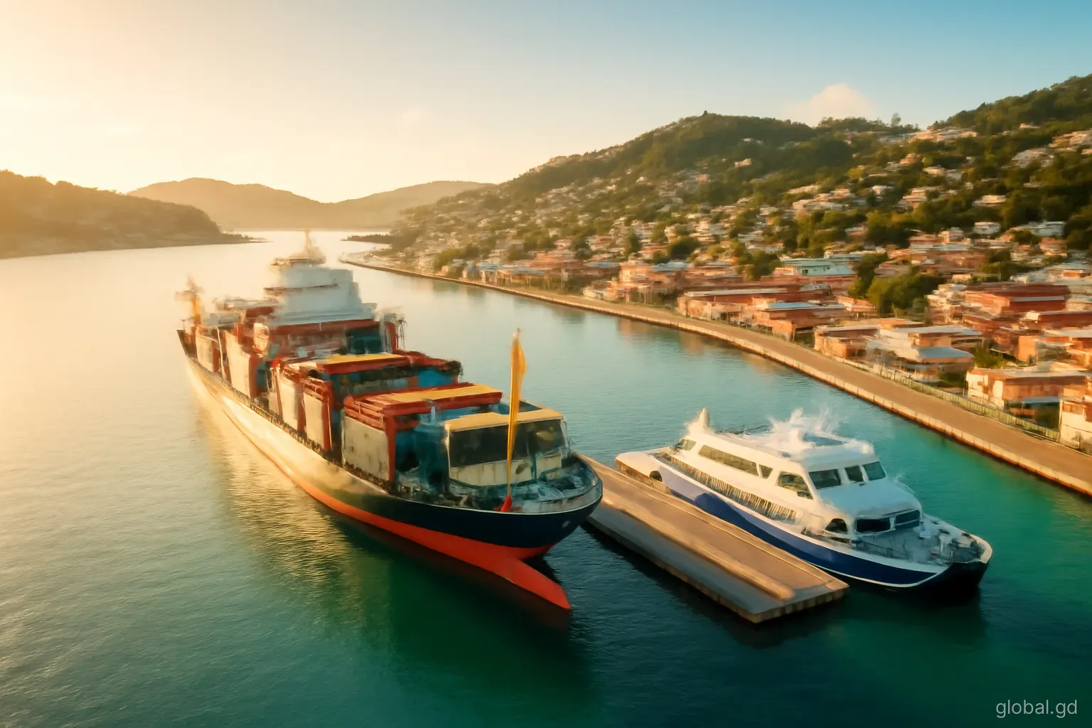 Aerial view of the St George's Carenage at morning with container ships and inter-island ferries side by side in the harbour, soft golden light, wide angle