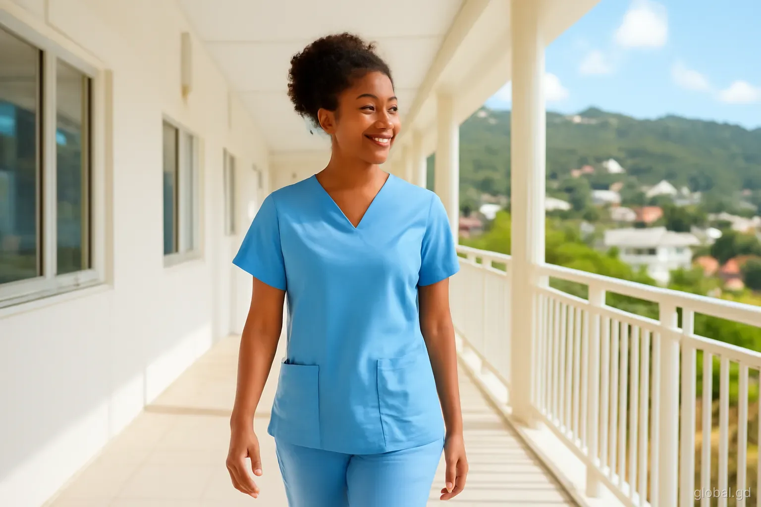 Young Caribbean nurse in light blue scrubs walking along an open-air hospital corridor in St George's, hills behind, three-quarter view, bright morning light