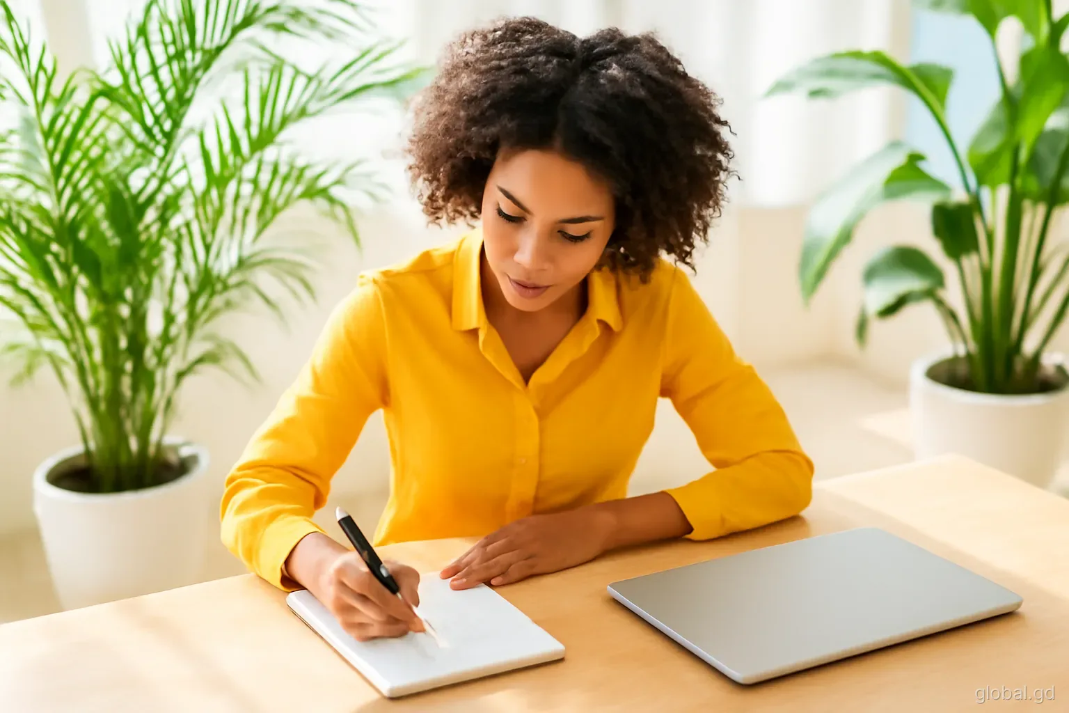Young entrepreneur sketching ideas on a notepad at a sunny co-working table in Grand Anse, laptop closed, potted palms around, overhead three-quarter angle, airy daylight