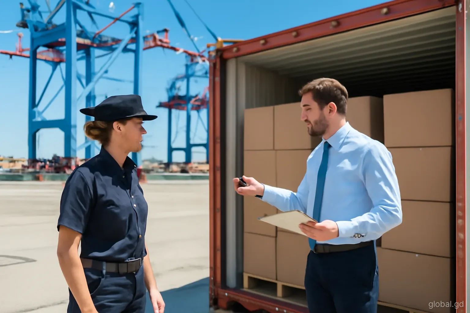 Customs officer and broker inspecting an open shipping container of boxed goods at St George's port, cranes behind, mid-shot, bright midday sun