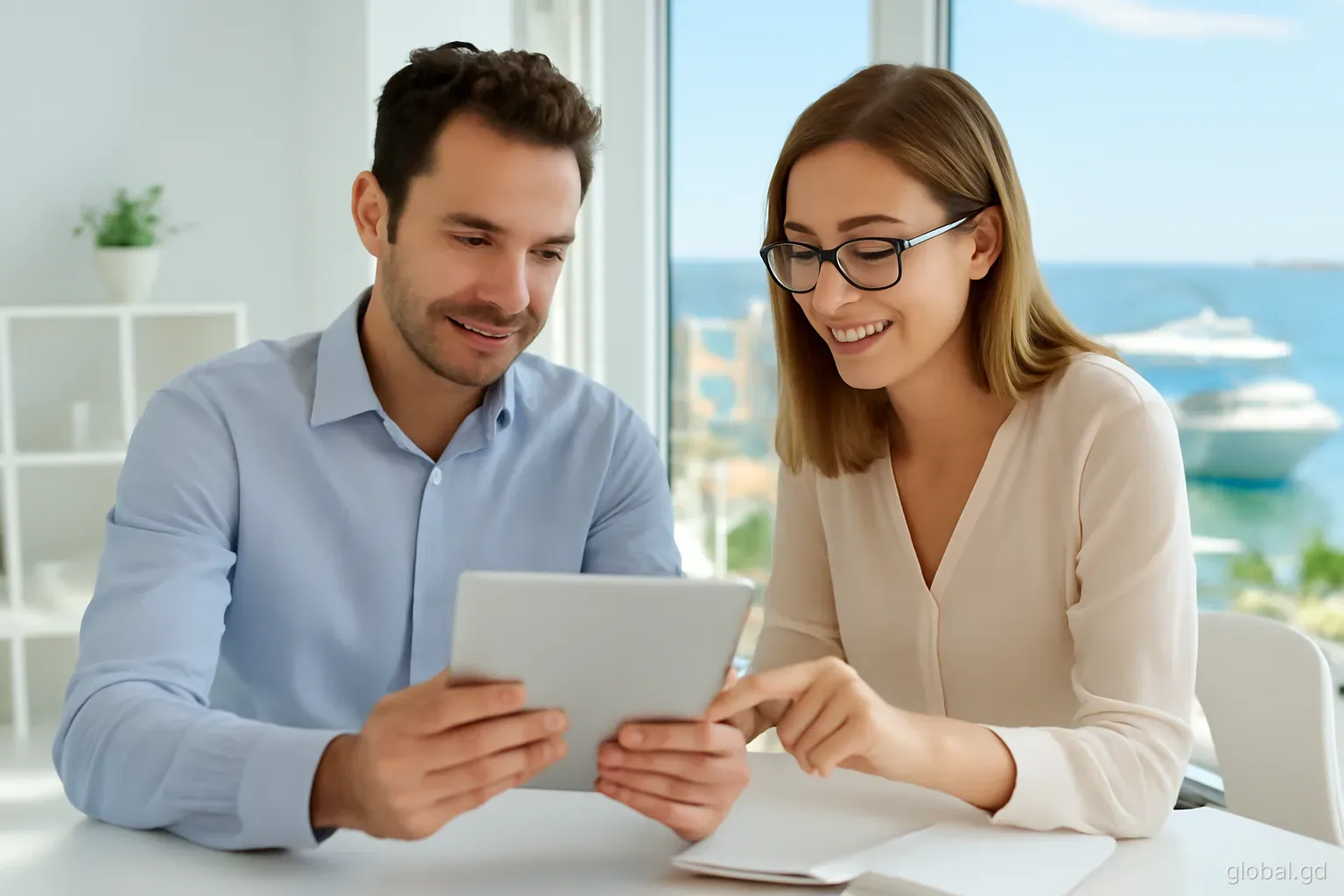 A business owner and an accountant reviewing figures on a tablet in an airy office overlooking the cruise terminal at St George's, side angle, soft daylight