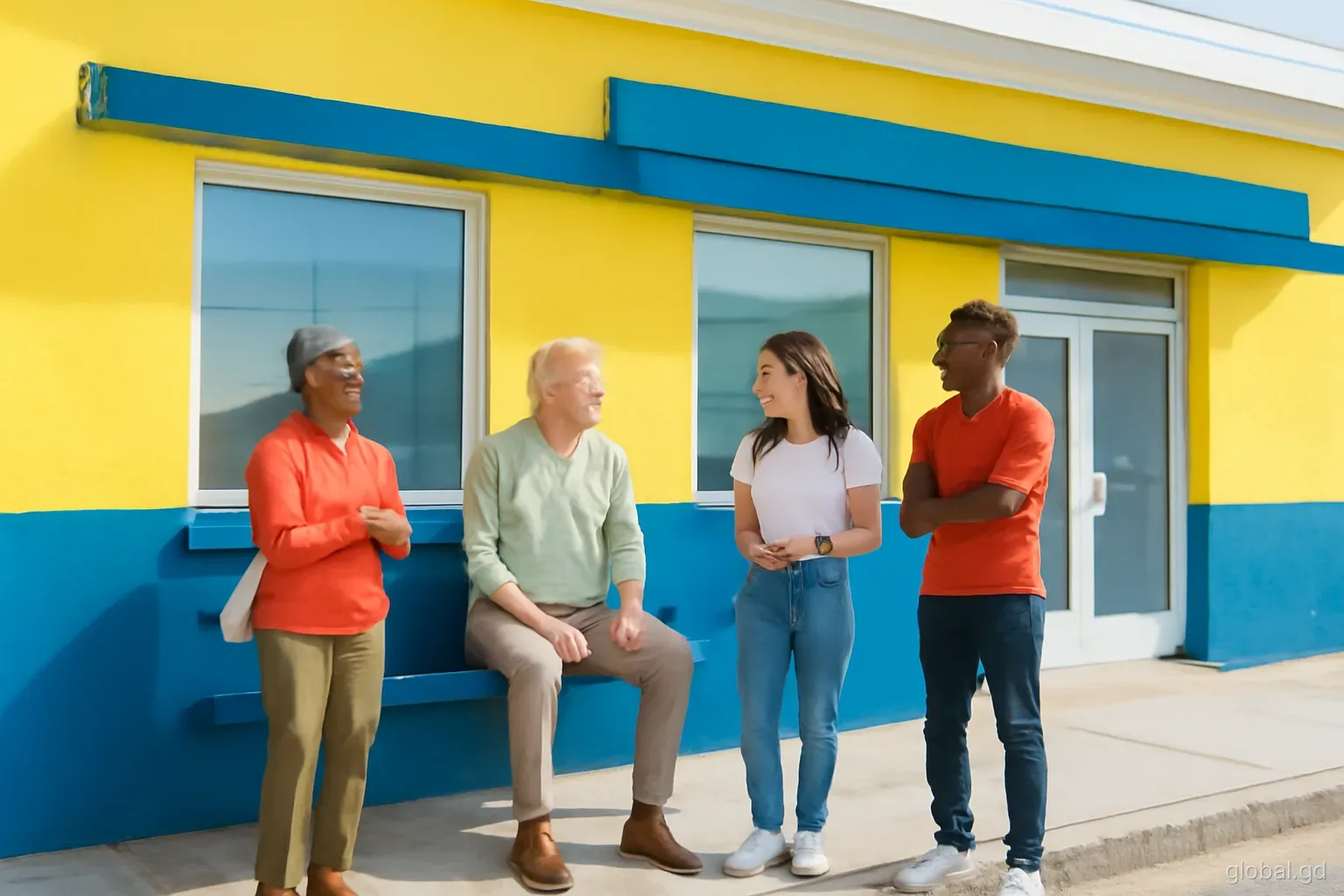Line of residents chatting while waiting outside a cheerful painted credit union building in Grenville on a sunny weekday morning, street-level wide shot
