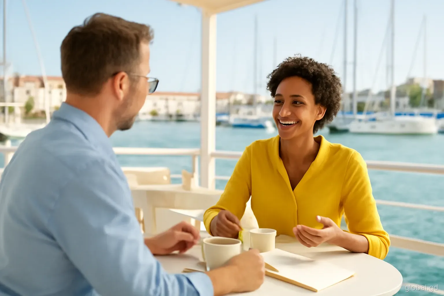 Two entrepreneurs discussing plans over coffee on a shaded terrace overlooking the Lagoon marina in St George's, yachts behind, over-the-shoulder view, warm morning light