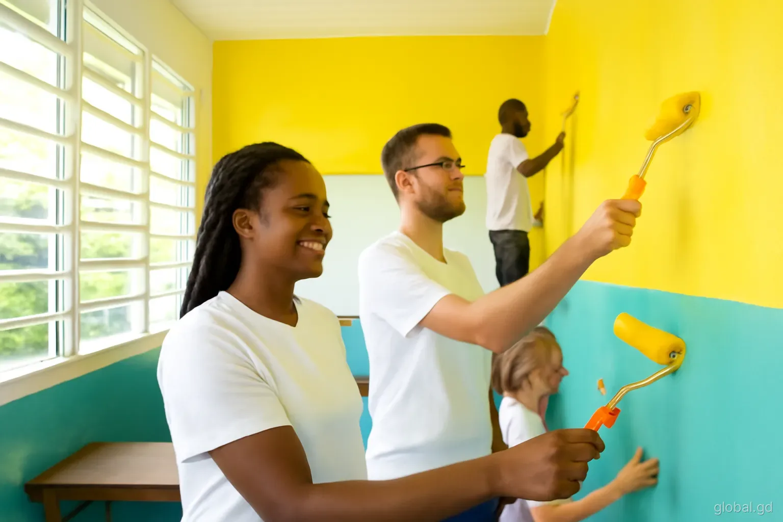 Volunteers from a diaspora alumni group painting classroom walls in a rural primary school in St Patrick, mid-shot, bright morning light through open louvre windows