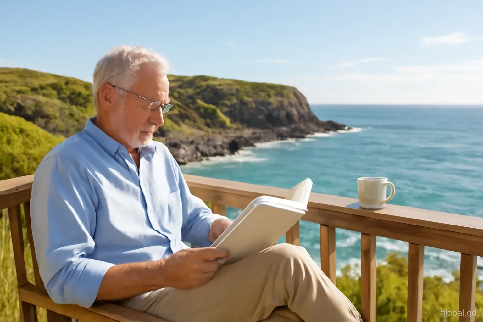 A retired man reading on a wooden deck at Westerhall Point, coffee cup on the rail, rocky Atlantic headland and blue sea beyond, wide angle, early morning sun