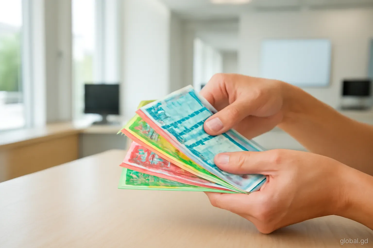 Close-up of hands counting colourful Eastern Caribbean banknotes on a wooden counter in a bright St George's bank branch, shallow depth of field, soft window light