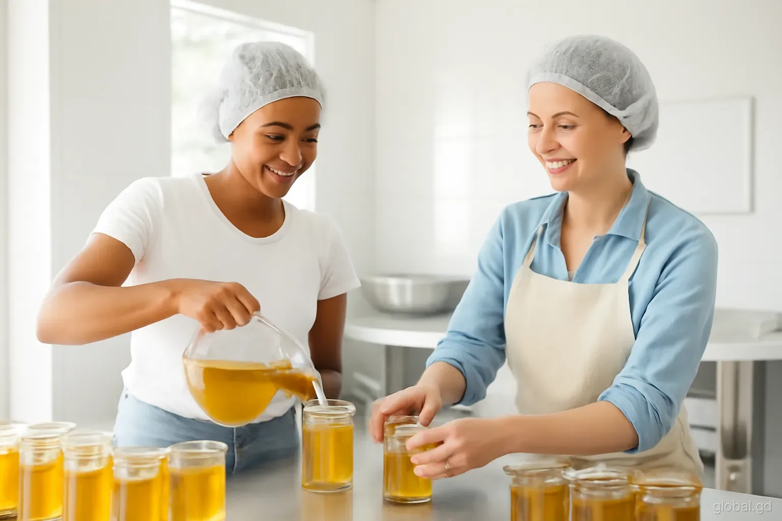 Two women in hairnets filling glass jars with golden nutmeg syrup at a stainless steel table in a small agro-processing kitchen in St David, mid-shot, bright light