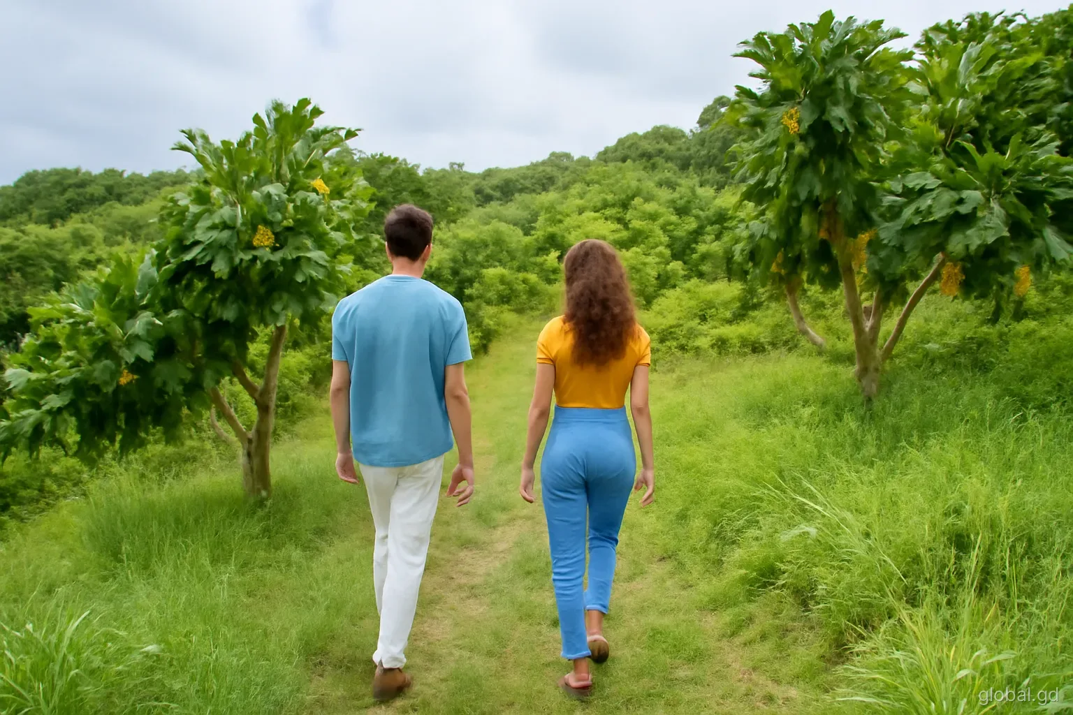Two adult siblings walking the boundary of an overgrown hillside plot with breadfruit trees in St Mark, wide shot from behind, soft cloudy light