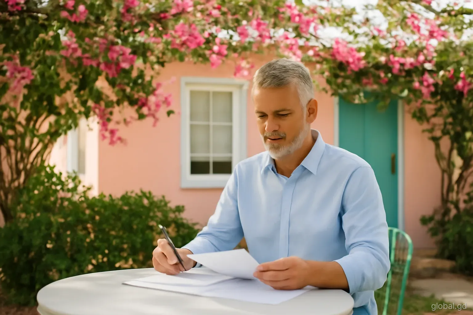 Middle-aged man reviewing paperwork with a pen at a shaded garden table outside a pastel cottage in Lance aux Epines, bougainvillea around, three-quarter view, soft morning light