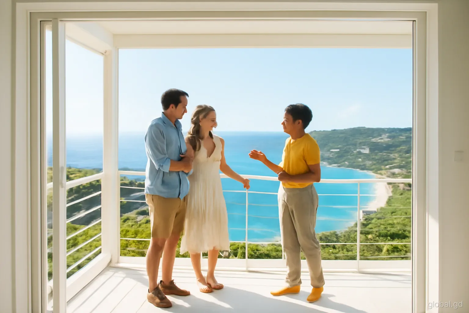 A couple stands on the balcony of an empty hillside house overlooking Grand Anse bay in Grenada, discussing with a local agent, soft morning light, wide view from the doorway