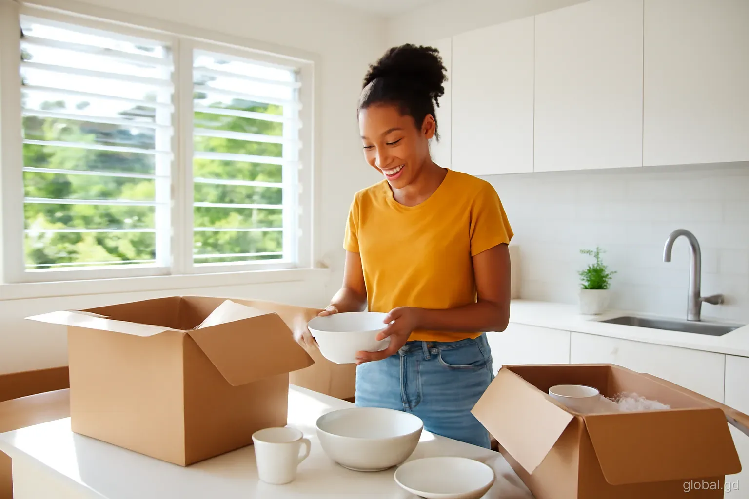 A woman unpacks kitchenware in a sunny, airy kitchen of a Grenadian hillside home, louvred windows open to green trees, cardboard boxes around, morning light, eye-level