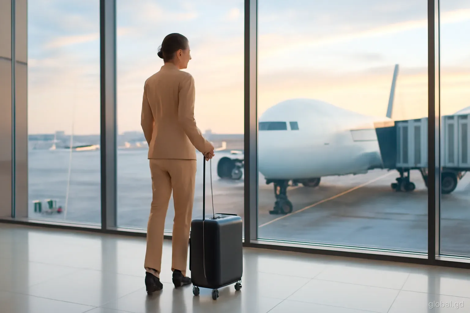 A businesswoman with a carry-on case gazes through tall terminal windows at a wide-body jet at dusk, international airport concourse, reflections on glass, rear three-quarter angle