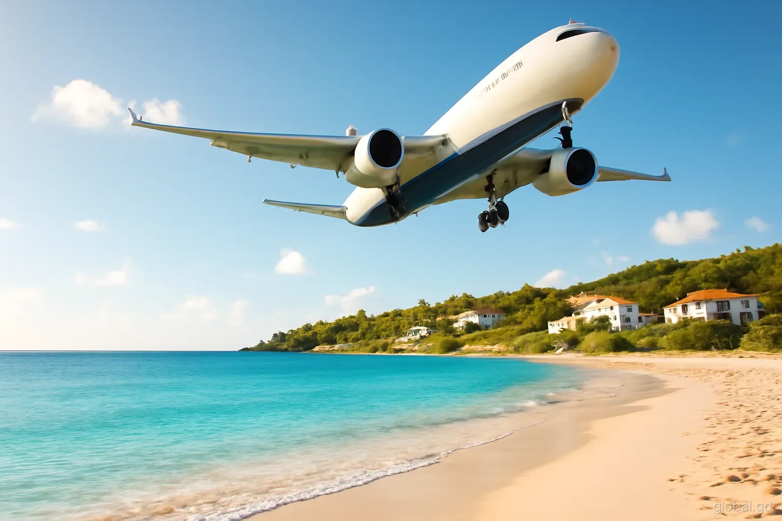 A wide-body passenger jet on final approach over the turquoise bay near Point Salines, Grenada, white beach and villas below, late afternoon golden light, low angle from shore