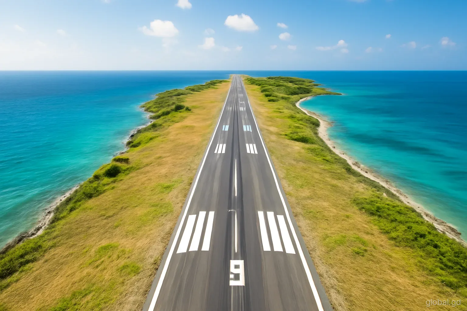 Aerial view of a long runway running along a dry green headland at Point Salines, Grenada, turquoise sea on both sides, clear morning light, drone angle