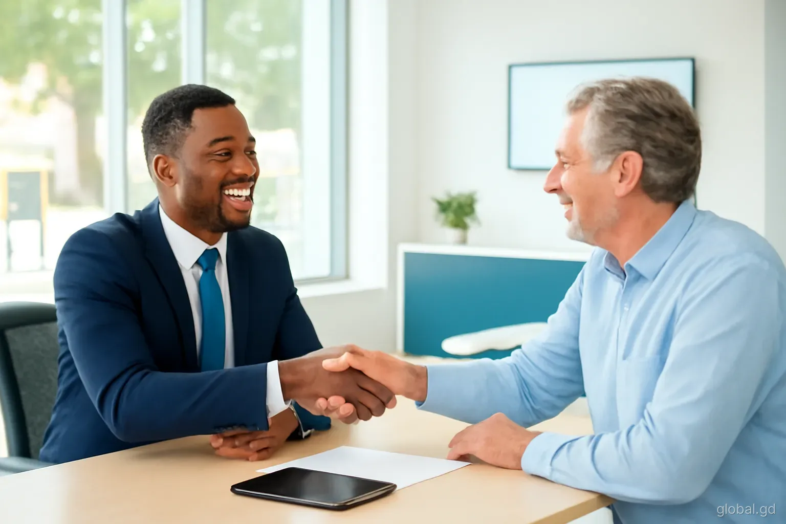 Smiling bank officer and a middle-aged foreign client shaking hands across a desk in a bright modern branch in St George's, side profile, soft daylight