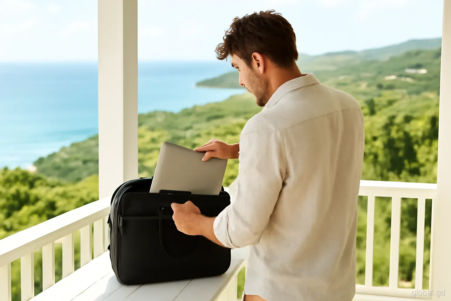 A man in a linen shirt packs a laptop bag on a veranda overlooking a green hillside and sea near St George's, Grenada, early morning light, over-the-shoulder view