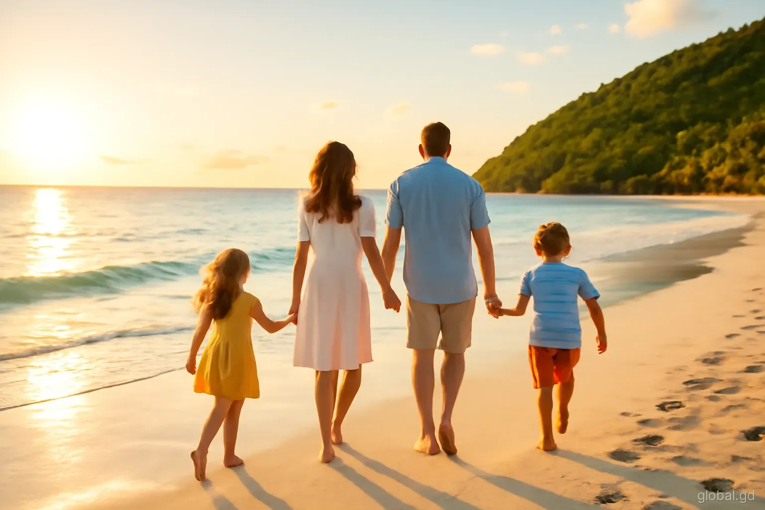 A family of four strolling along the sand at Morne Rouge Bay at sunset, children running ahead towards gentle waves, wide rear angle, golden light