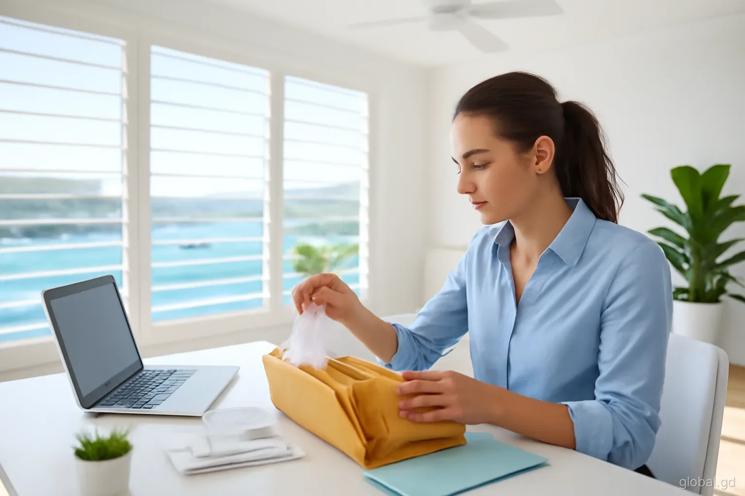 Bookkeeper sorting receipts into folders at a tidy desk in a bright upstairs office in St George's, ceiling fan turning, harbour visible through louvred windows, side view, morning light