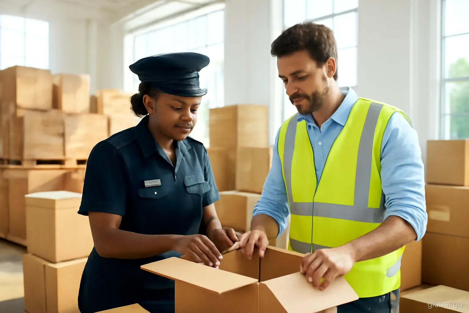 A customs officer and a customs broker inspect opened moving boxes inside a bright port warehouse in St George's, Grenada, stacked crates around them, natural light, medium shot