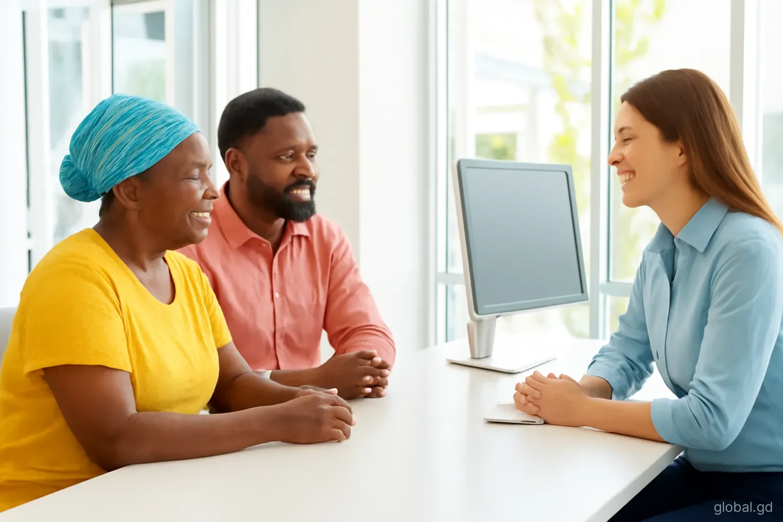 Older Grenadian woman and her adult son talking with a staff member at a bright customer service desk in a St George's financial office, side view, natural light