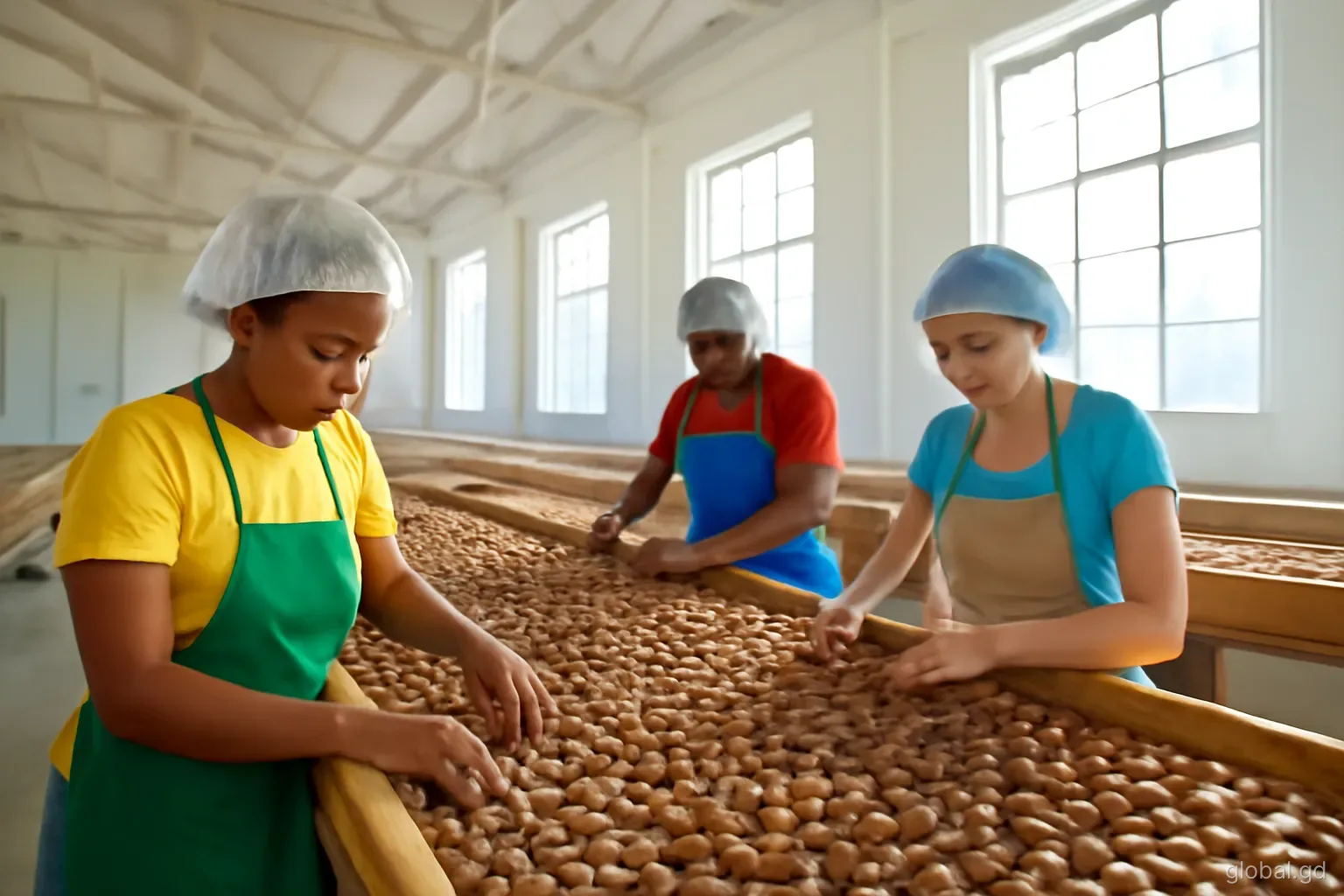 Workers sorting dried nutmegs on long wooden trays inside a high-ceilinged processing station in Gouyave, wide angle, shafts of sunlight through tall windows