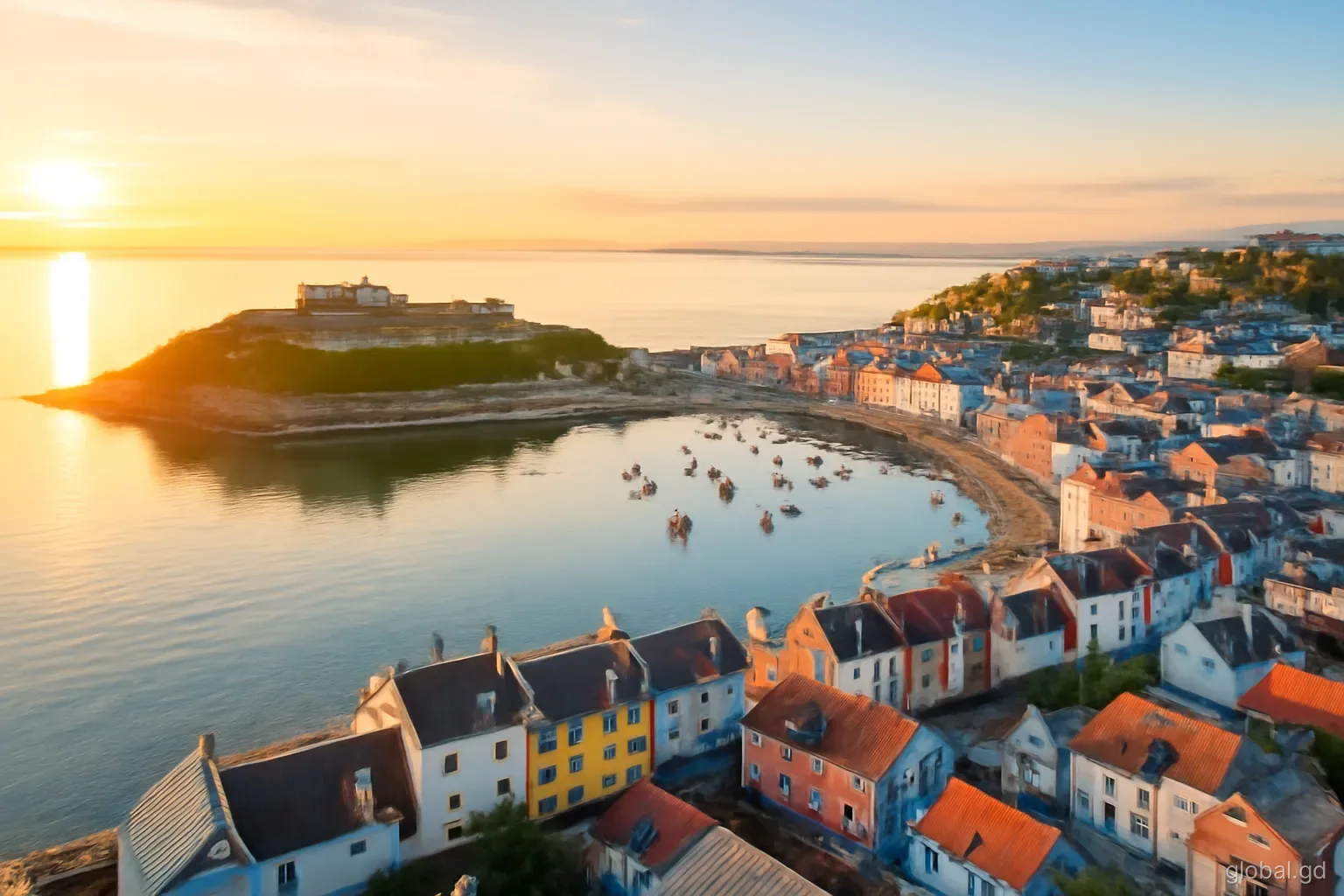 Aerial view of St George's peninsula at sunrise, Fort George on the headland, quiet harbour and colourful rooftops, soft golden light, drone perspective from the west