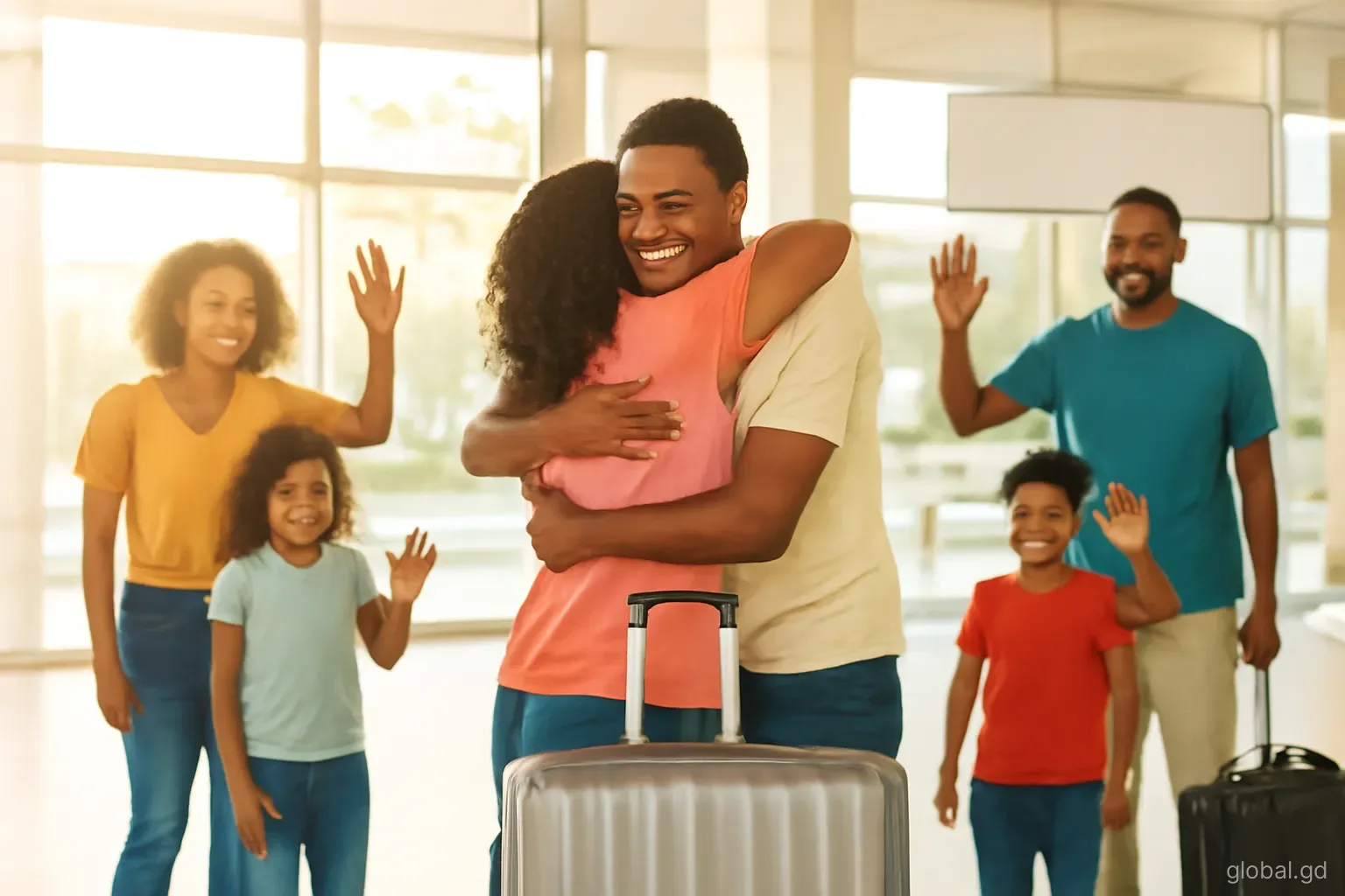 A family hugs a returning relative with suitcases in a bright airport arrivals hall in Grenada, relatives waving behind, warm evening light, candid eye-level shot