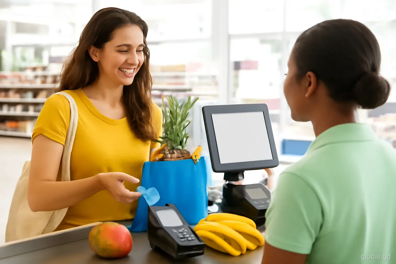 A woman paying at a bright grocery checkout in a Grand Anse supermarket, shopping bags and tropical fruit on the counter, over-the-shoulder angle, natural daylight