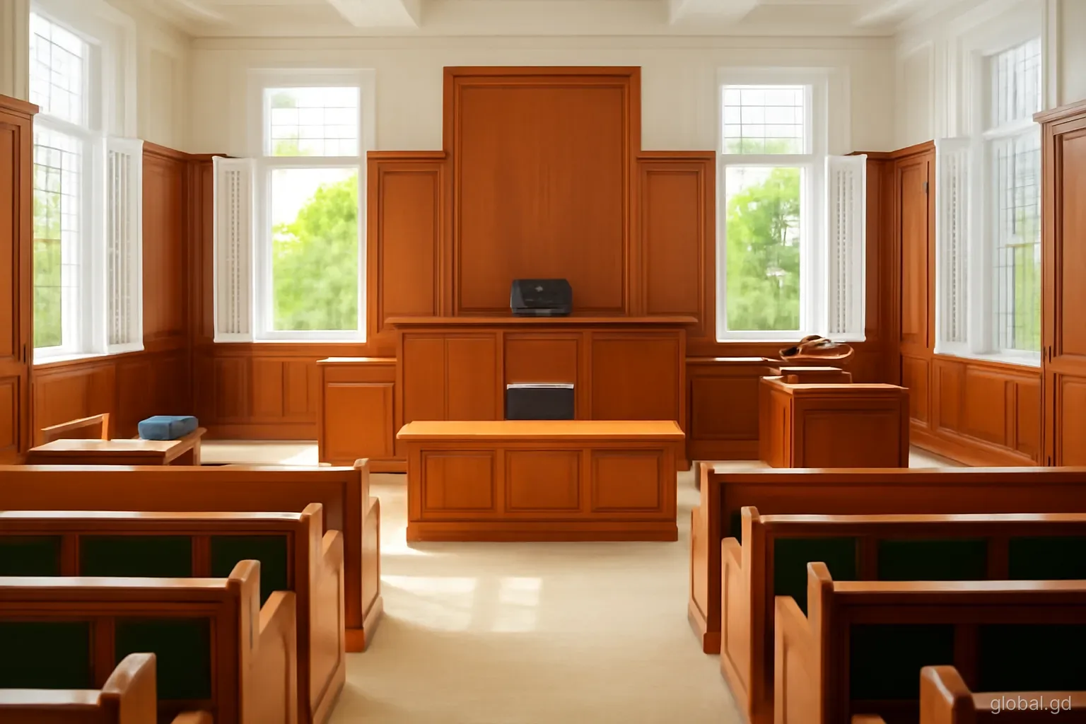 Wide view of an empty wood-panelled courtroom with tall shuttered windows open to bright tropical sunlight in St George's, symmetrical composition, calm atmosphere