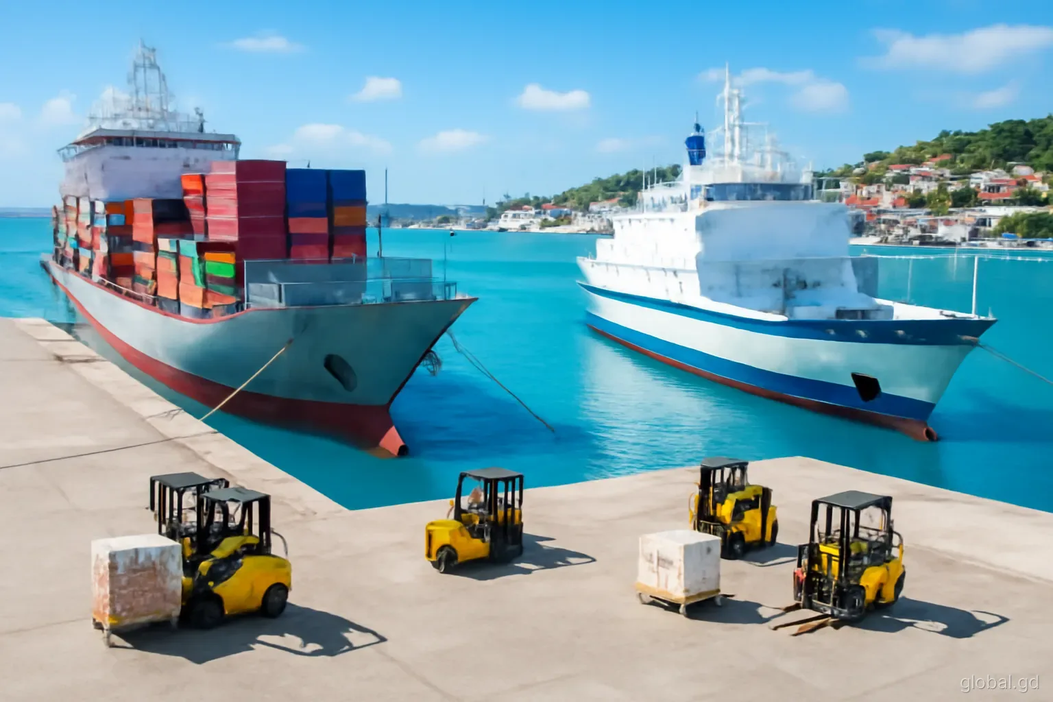 Cargo vessel and inter-island freighter berthed side by side at a sunny Caribbean port in St George's, forklifts moving pallets, elevated wide view, crisp late-morning light