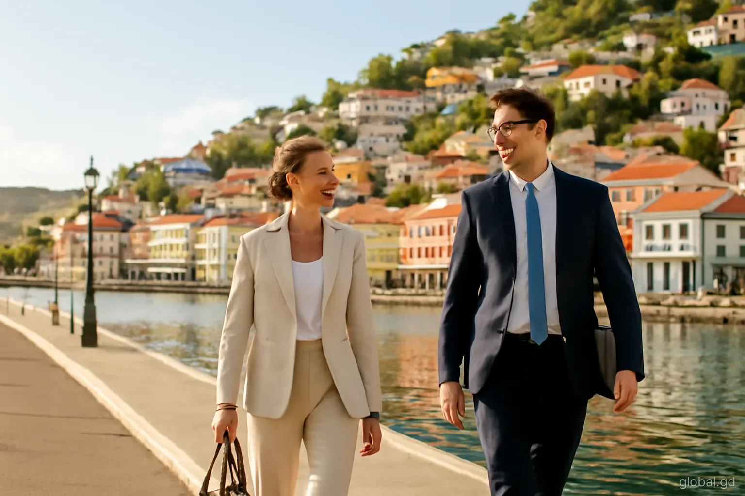 Two business people walking along the Carenage waterfront in St George's, red-roofed buildings climbing the hillside behind, low angle, warm late-afternoon light