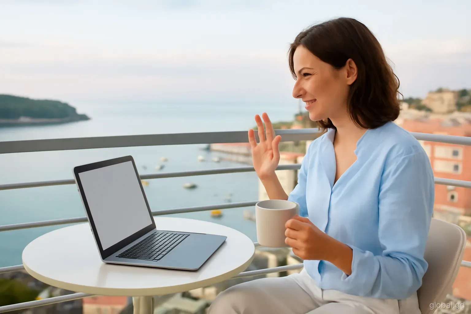 A woman doing an early morning video call on a hillside balcony above St George's harbour, mug in hand, pale dawn sky over the sea, side angle, soft first light