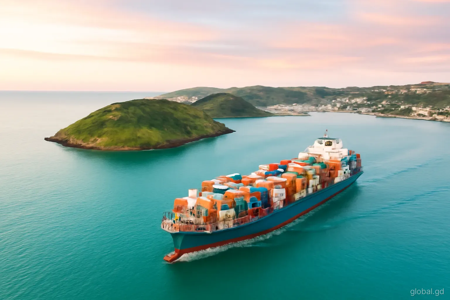 Container ship gliding past the green headland into St George's harbour at dawn, aerial view, pastel sky and calm turquoise water