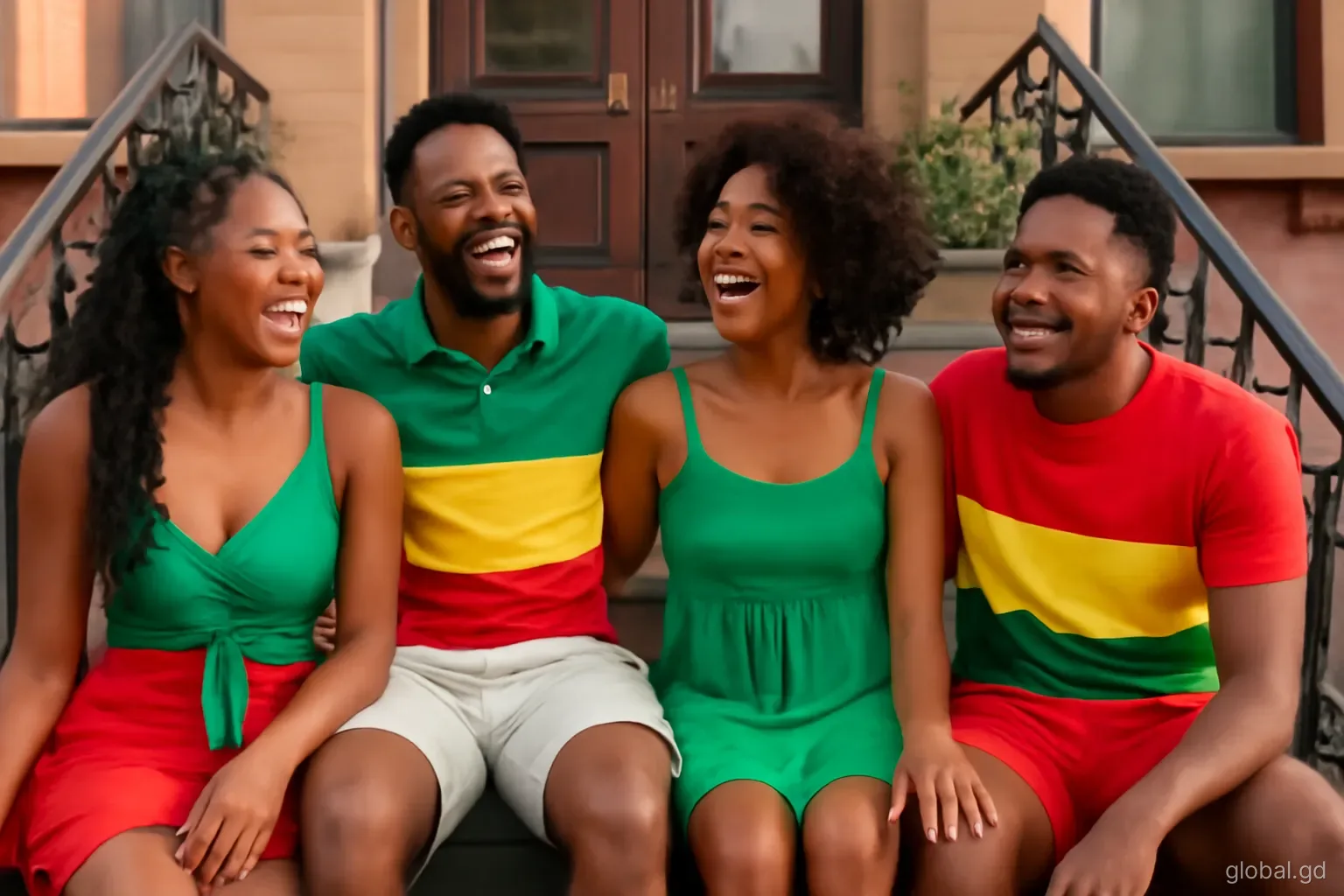 Group of Grenadian friends in matching green, gold and red outfits laughing on a Brooklyn brownstone stoop on a summer afternoon, eye-level shot, warm light