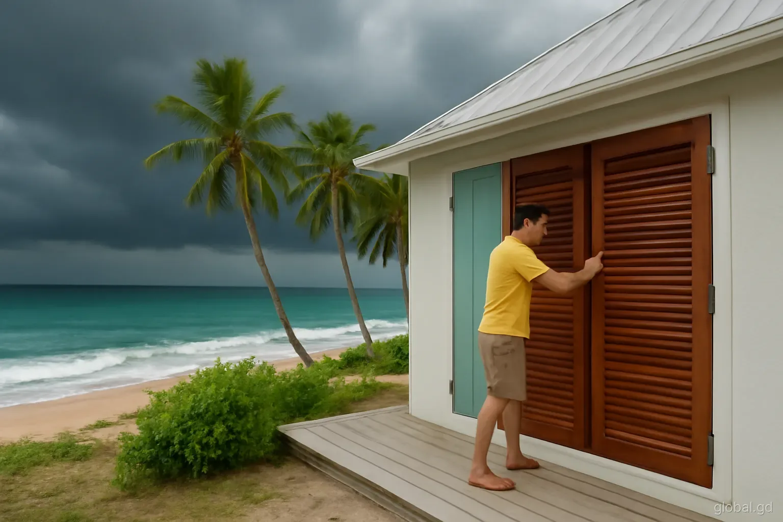 Dark rain clouds gathering over the sea beyond palm trees at Grand Anse, a man closing wooden storm shutters on a seaside cottage, wide angle, moody grey light