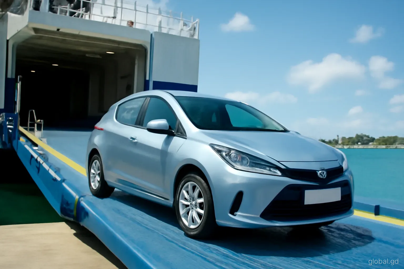 Silver right-hand-drive hatchback rolling down the ramp of a roll-on roll-off ship at a Caribbean port, low side angle, bright afternoon sun