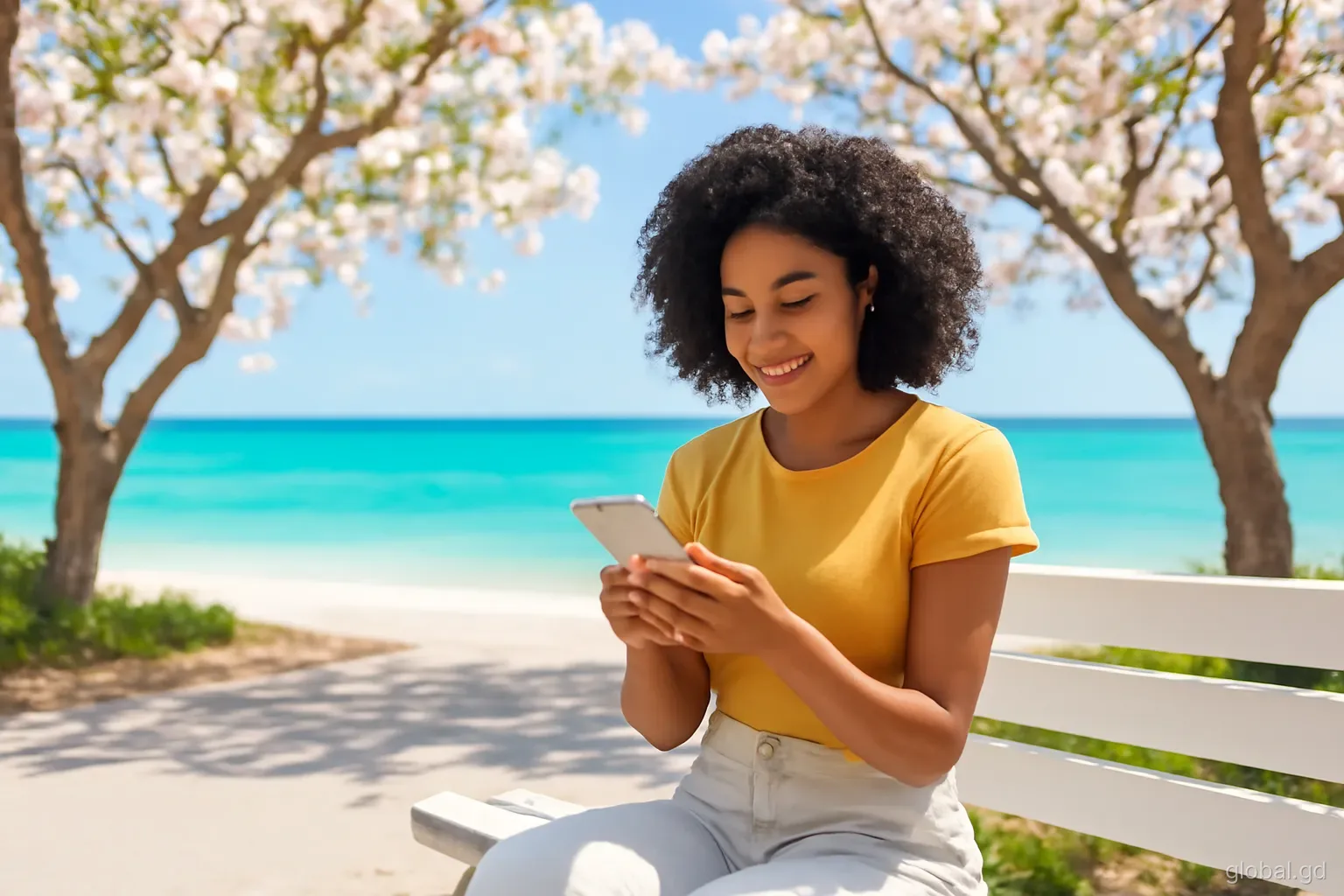 Woman checking her phone while sitting on a bench under almond trees on the Grand Anse beach road, turquoise sea behind, medium shot, bright afternoon light