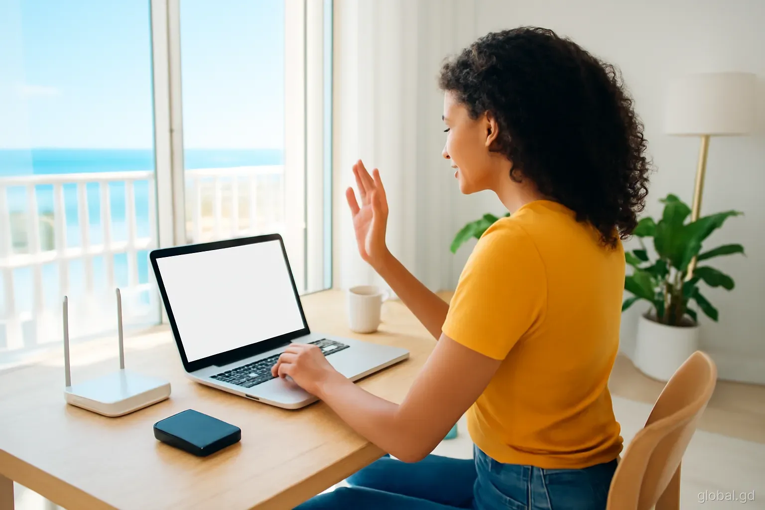 A remote worker on a video call at a desk by an open window in a south coast apartment, router and power bank beside the laptop, rear three-quarter angle, bright daylight
