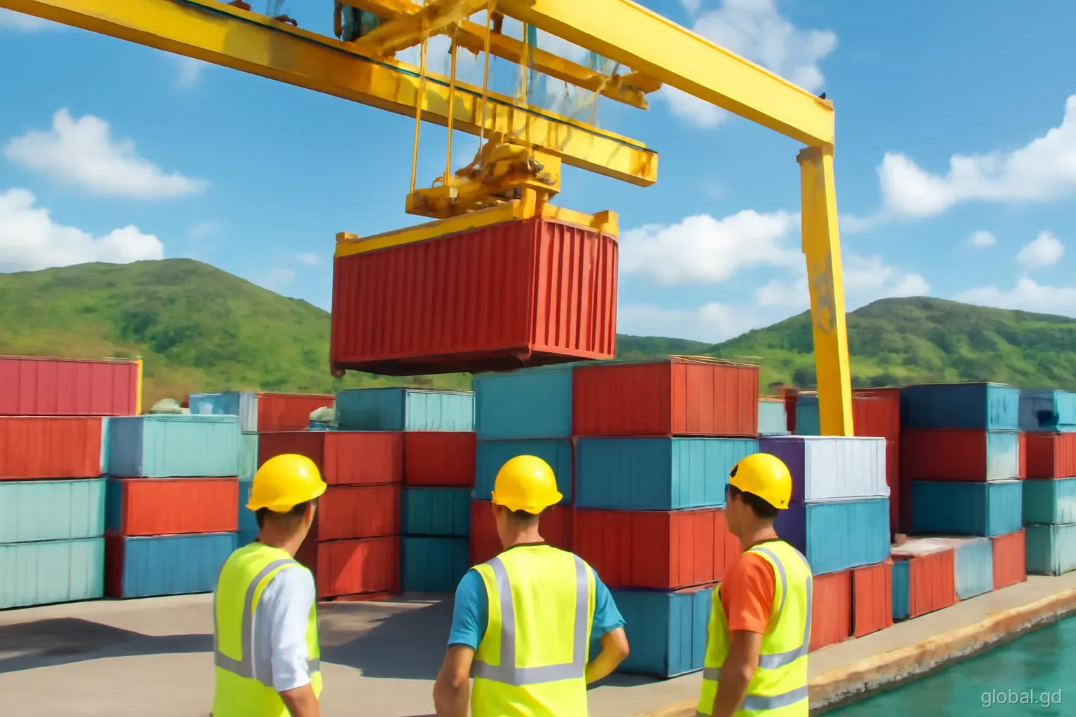 Shipping containers being unloaded by a crane at the port in St George's, dock workers in hard hats, green hills behind, elevated view, bright midday light