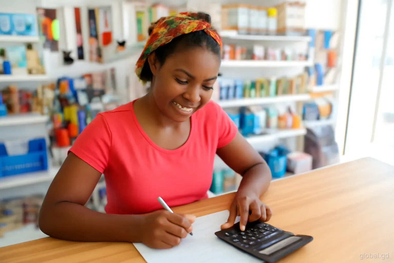 Young Grenadian shop owner doing calculations with a calculator and invoices at a wooden counter in a hardware store in Grenville, overhead angle, natural light