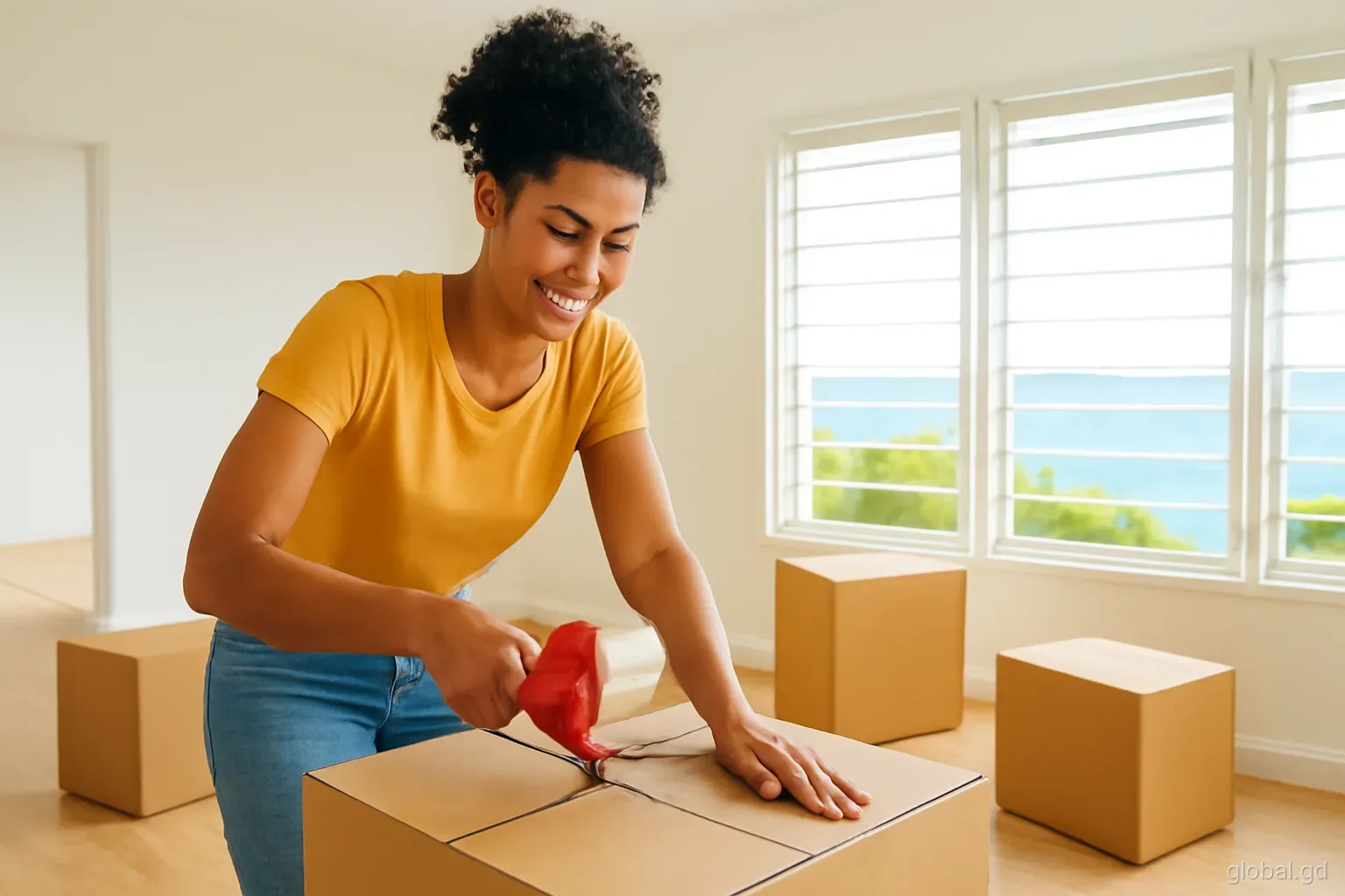 A woman sealing moving boxes in a bright empty living room of a newly rented house near Grand Anse, sea glimpsed through open louvre windows, eye-level angle, morning light