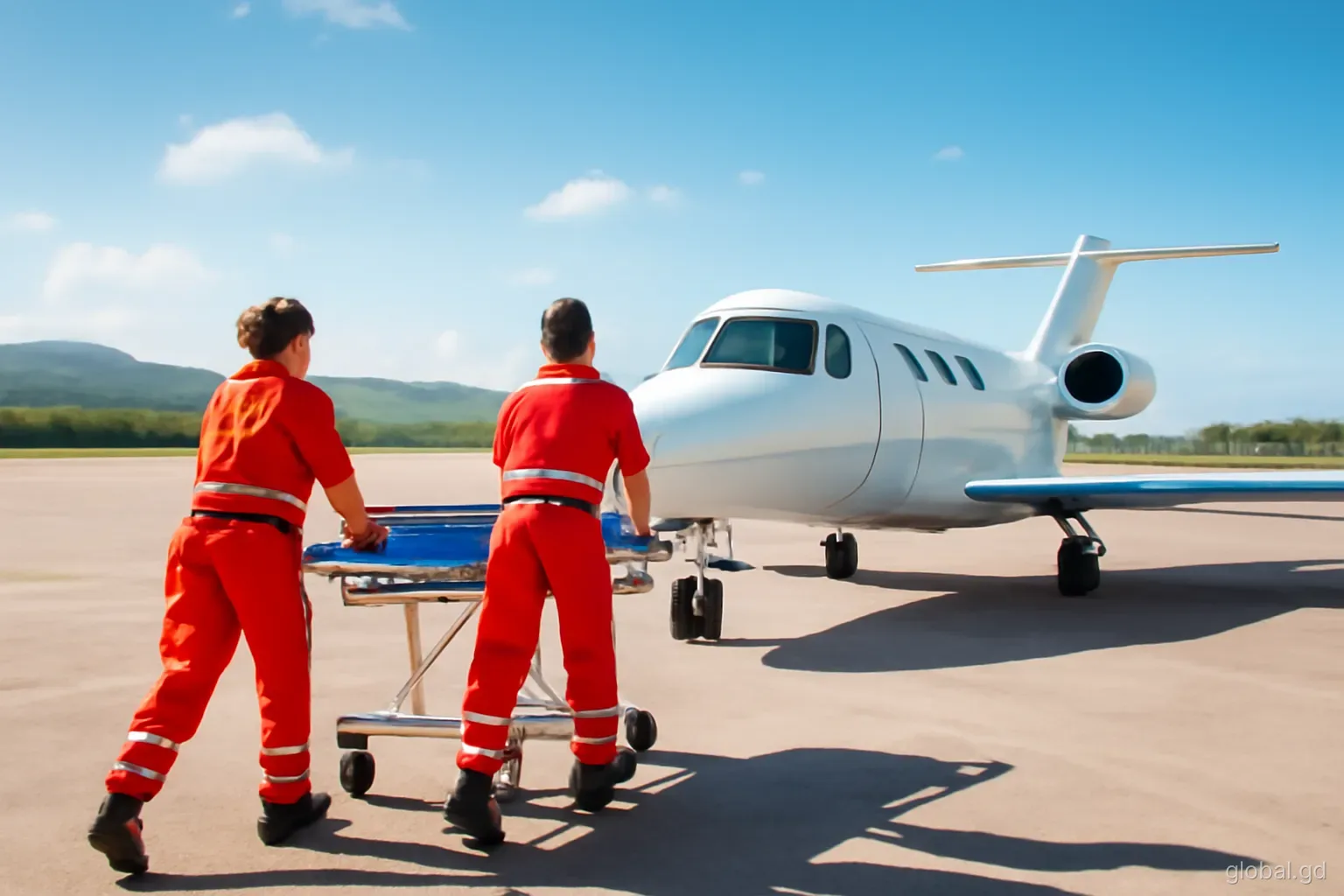 Two paramedics wheel a stretcher towards a small white air ambulance jet on a sunlit apron at Point Salines, Grenada, hills in the distance, wide angle, morning light