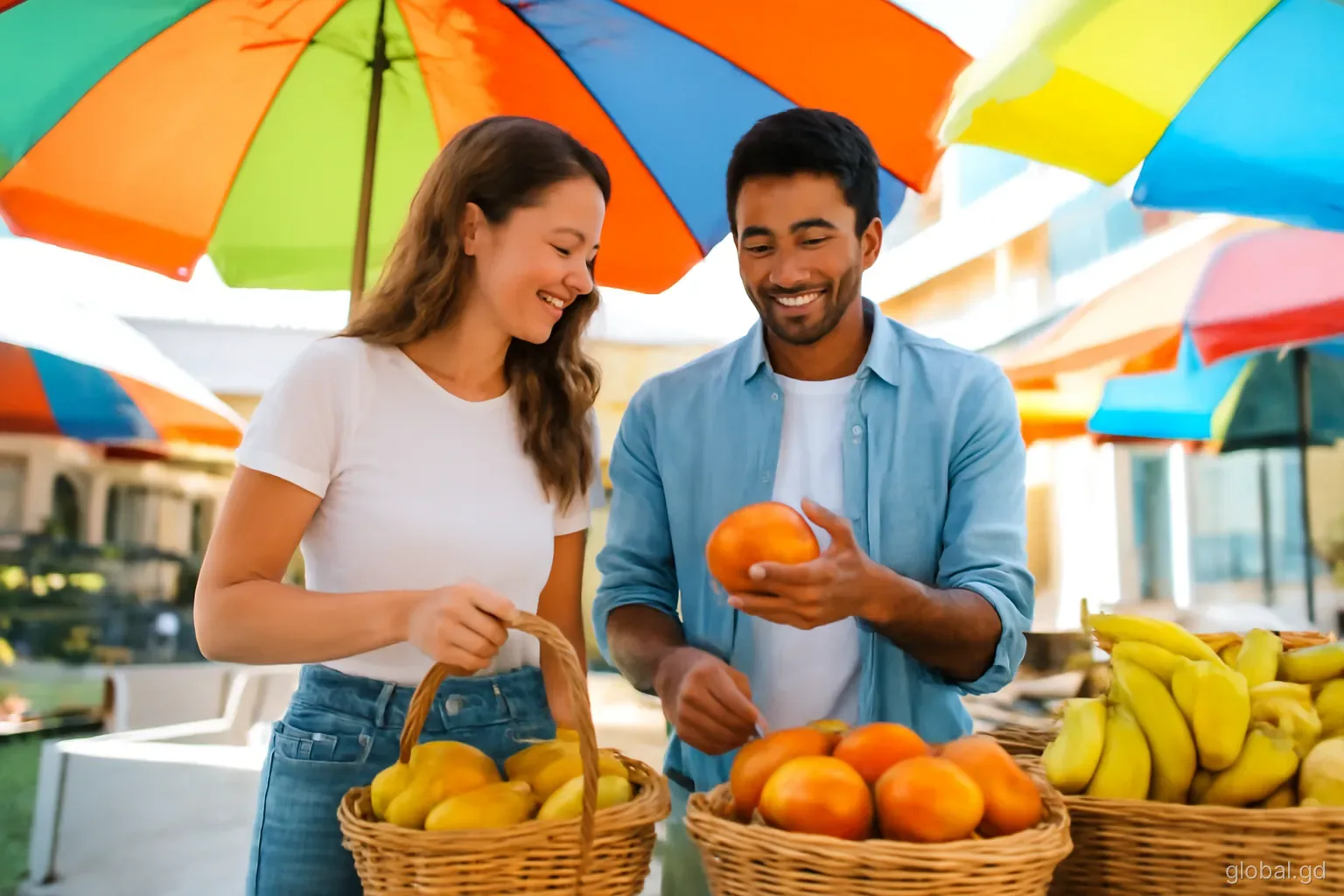A young couple choosing fresh produce from a vendor's stall at Market Square in St George's, baskets of mangoes and bananas, colourful umbrellas overhead, eye-level angle, morning light