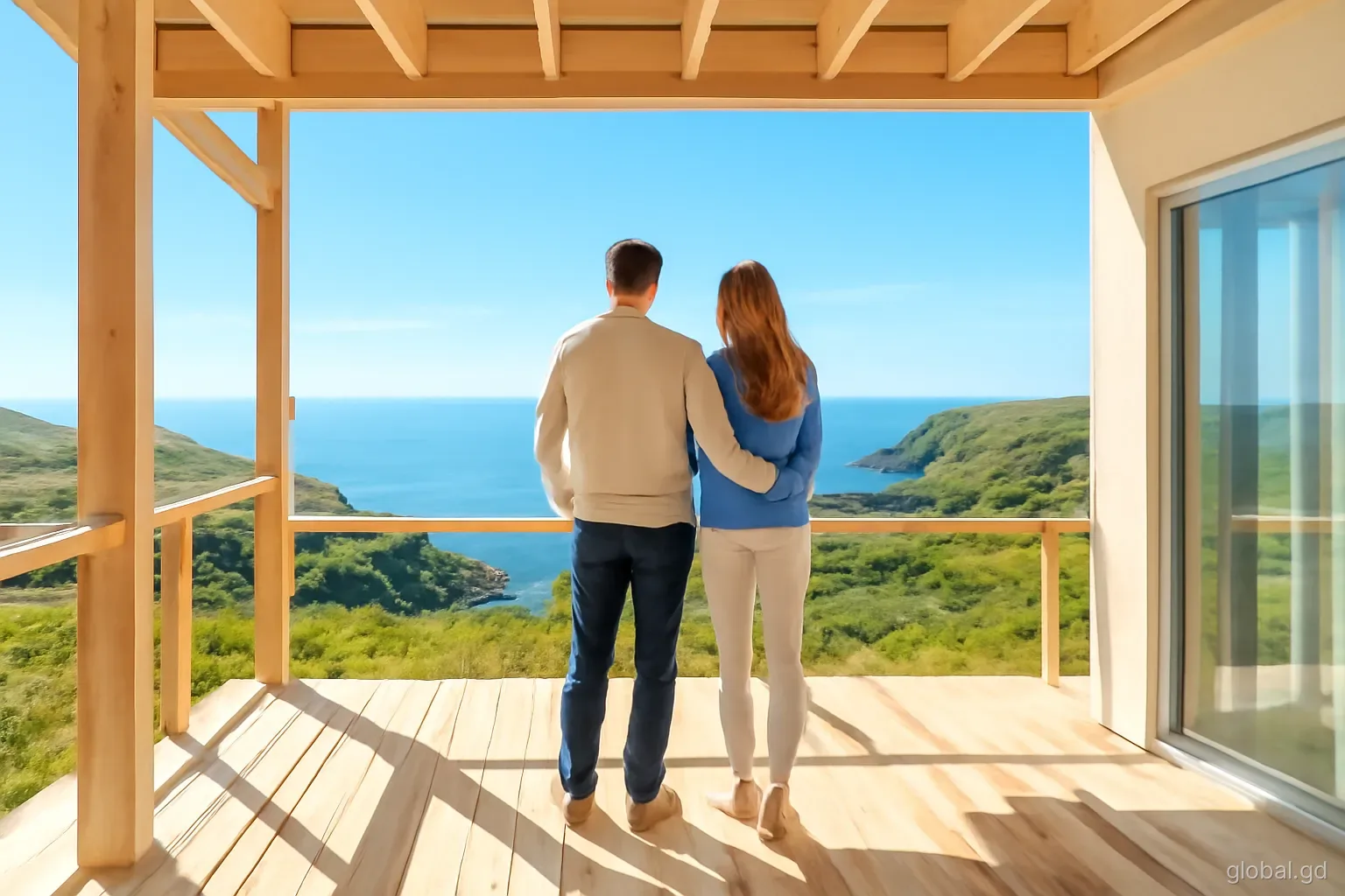 Couple standing on the veranda of a hillside house under construction above St David's coastline, looking out to sea, wide shot from behind, bright morning sun