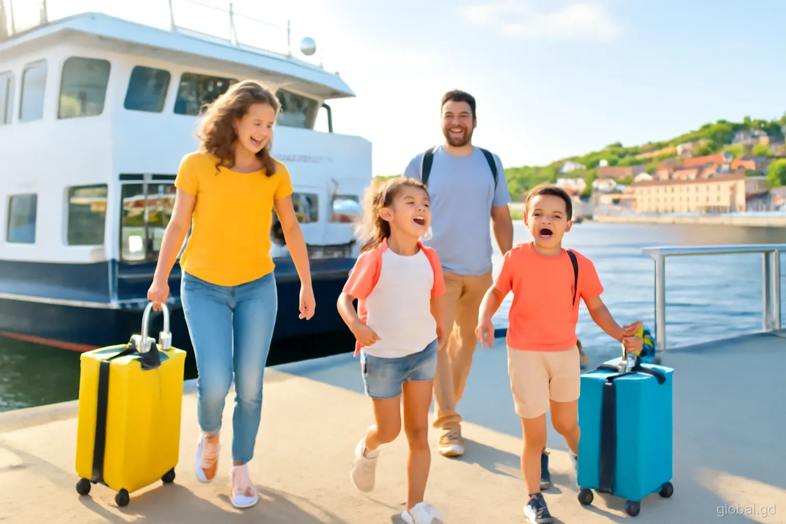 Family with suitcases stepping off an inter-island ferry onto the quay at St George's, children laughing, side angle from the dock, bright late-afternoon sun