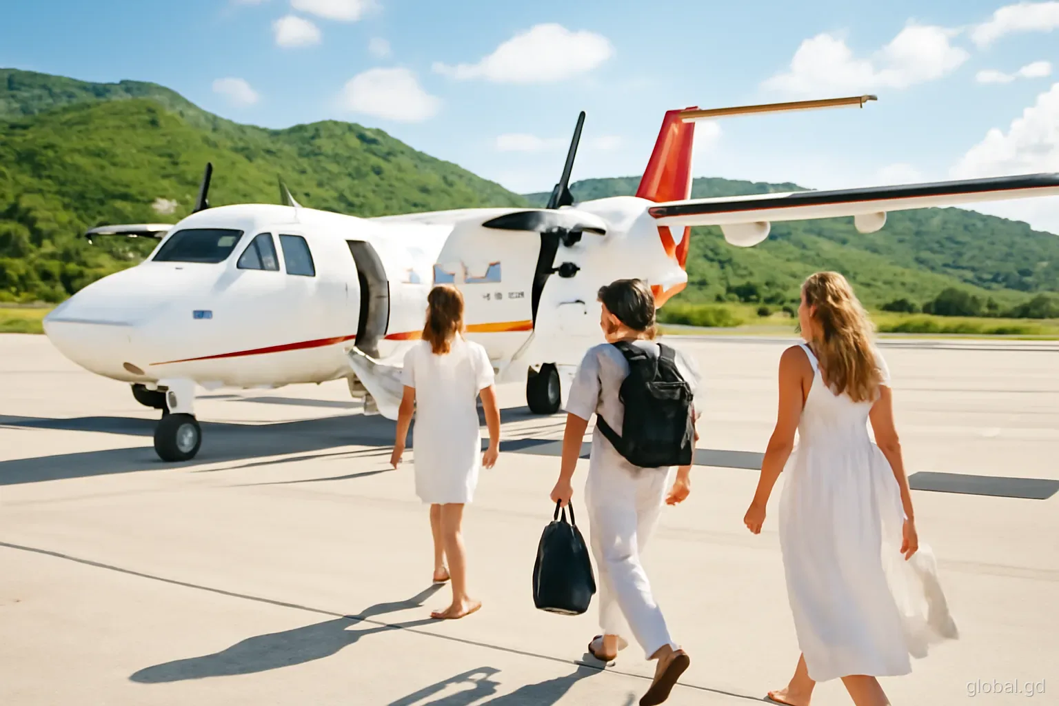 Passengers in light clothing walk across a sunny apron towards a small turboprop aircraft at a Caribbean airport in Grenada, green hills behind, mid-morning light, side angle